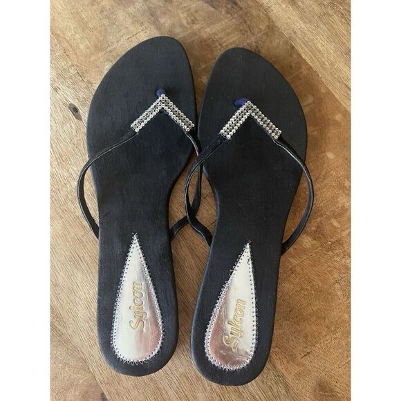Sylcon Women’s Black Rhinestone Flip Flop Sandals Size 9 - Picture 3 of 5